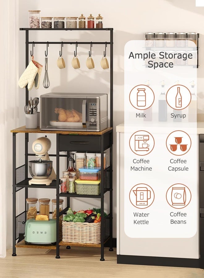 Forthcan 5-Tier Coffee Bar Station, Coffee Maker Stand with Drawer, Hooks & Wire Basket, Rustic Bakers Rack for Kitchen, Living Room or Café - Image 4